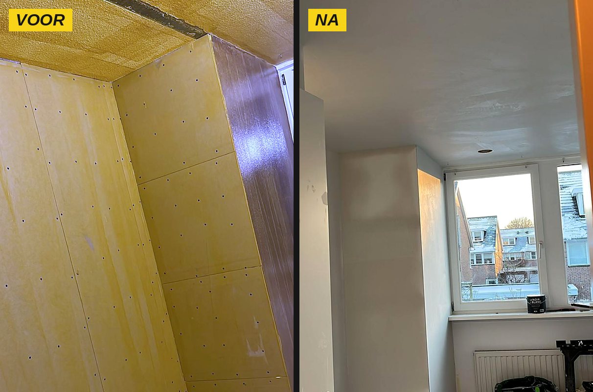 Voor en na: kamer met kale wandplaten en plafond, daarna glad gestuct
